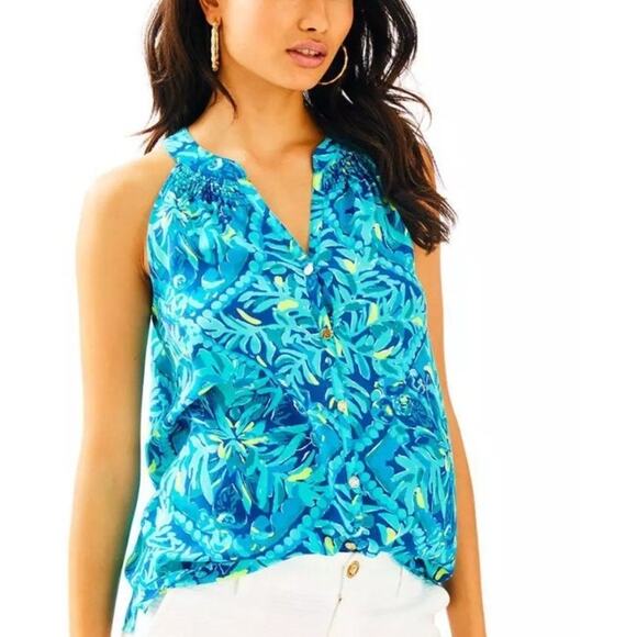 Lilly Pulitzer Bailey Top Women's Medium Indigo Midnight Cove Smocked Silk Tank - Picture 1 of 9